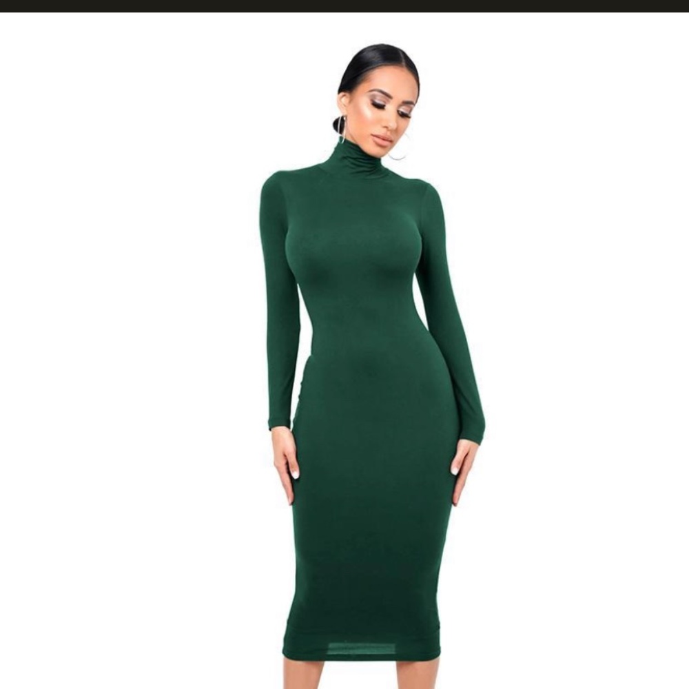 Forest Green Stretch Crepe Mock Neck Midi Dress, US S
